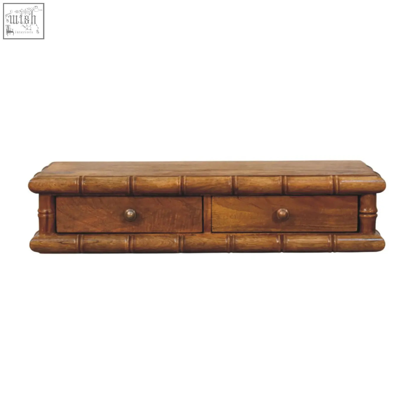 Bamboo wall-mounted console with two drawers and round metal knobs made of bamboo wood in natural finish