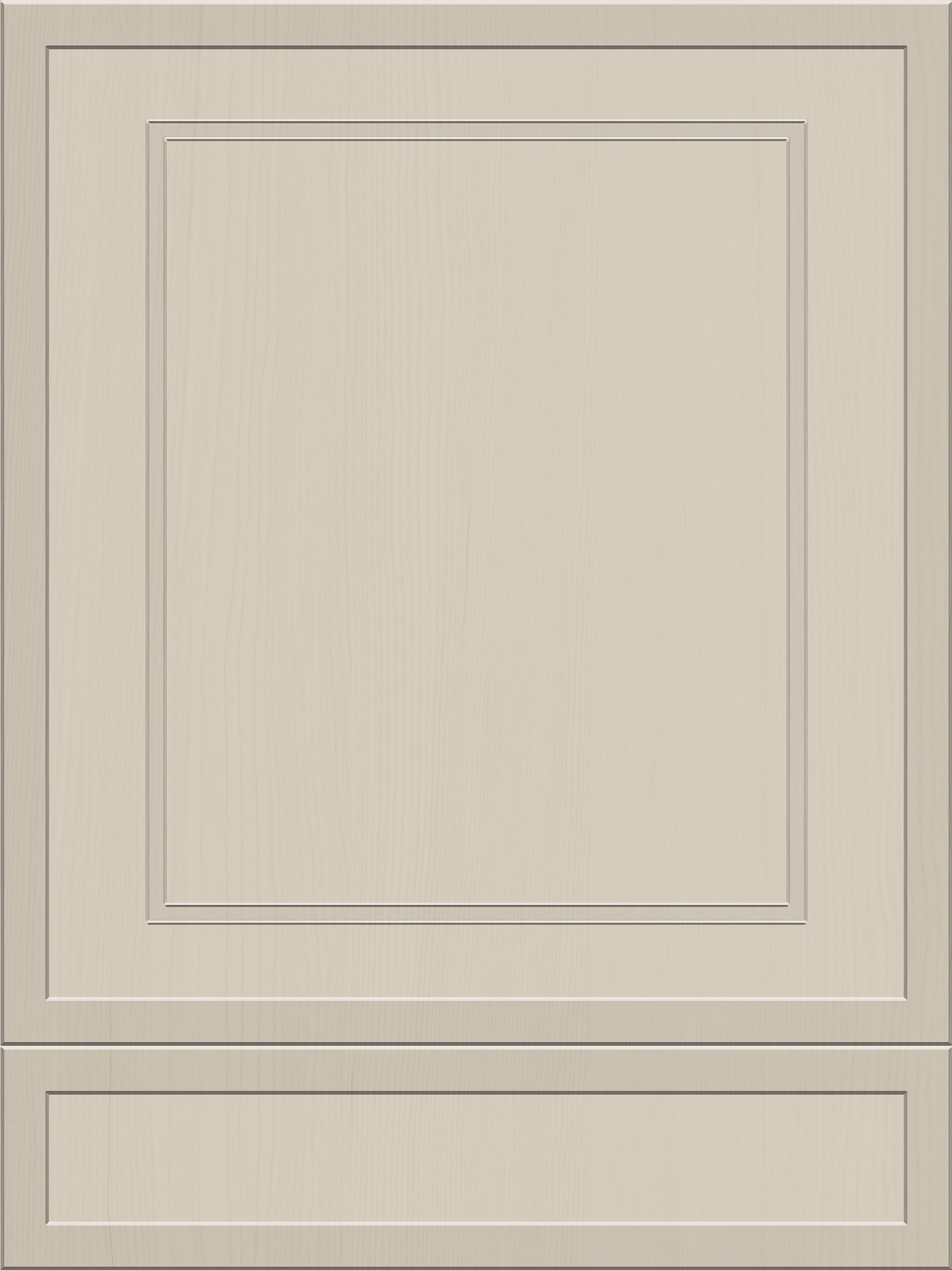 Beige bamford cabinet door with raised panel and recessed border detailing made from faux wood material