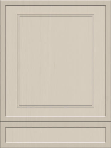 Beige bamford cabinet door with raised panel and recessed border detailing made from faux wood material