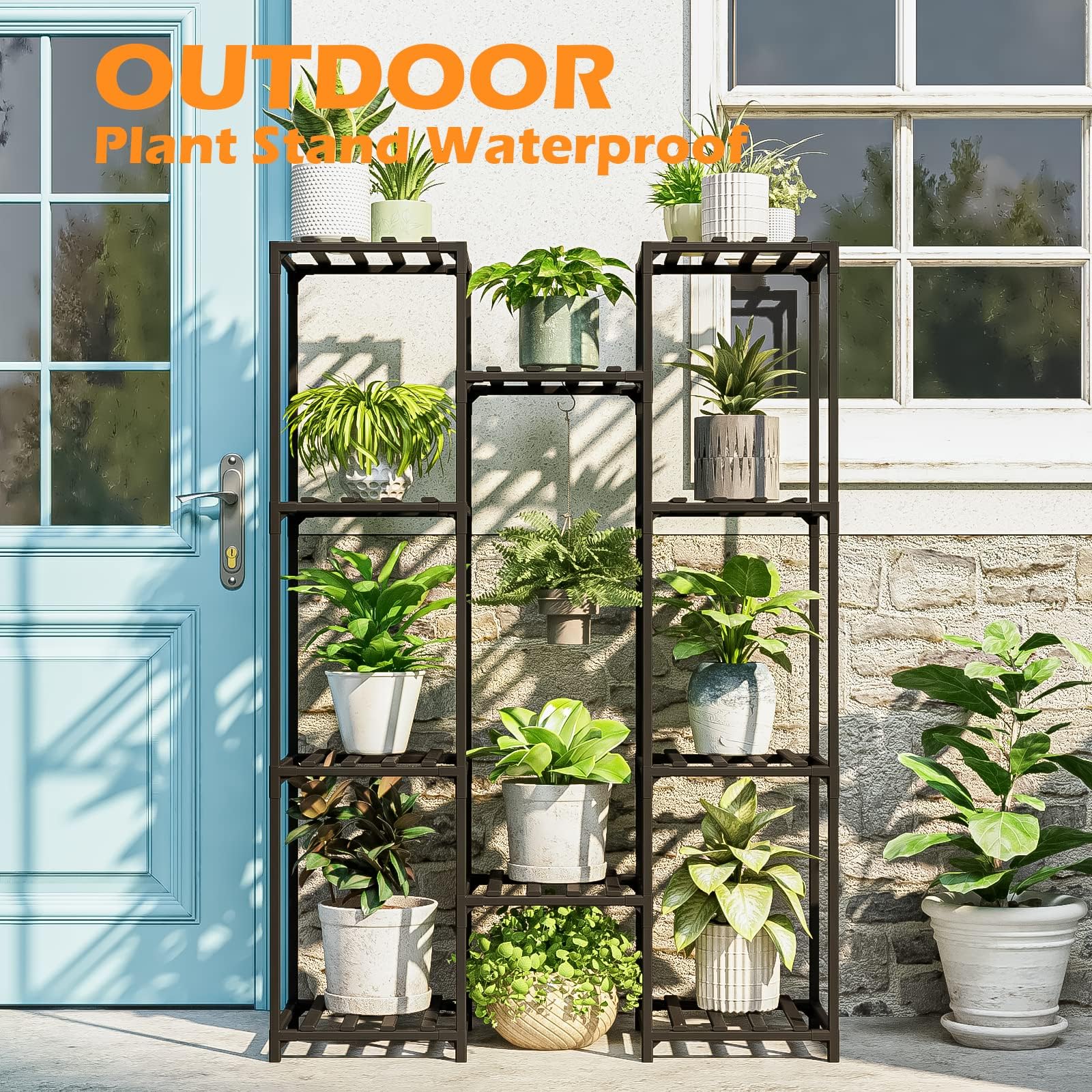 Black metal bamworld plant stand with multiple tiered slatted shelves for indoor outdoor plant display
