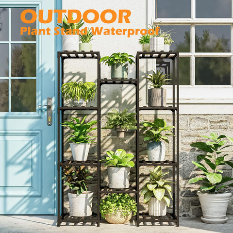 Black metal bamworld plant stand with multiple tiered slatted shelves for indoor outdoor plant display