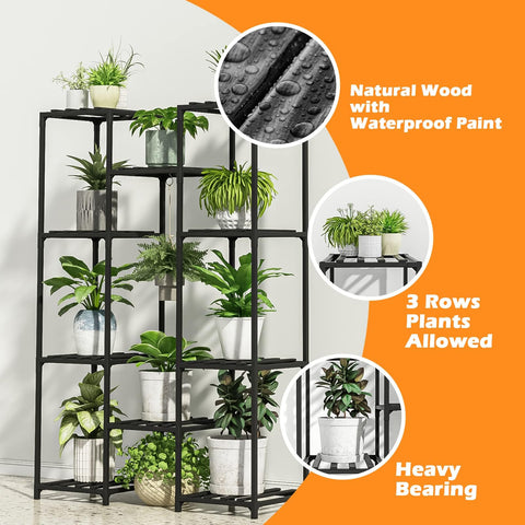 Black metal bamworld plant stand with natural wood waterproof shelves holds up to three rows of plants indoors or outdoors