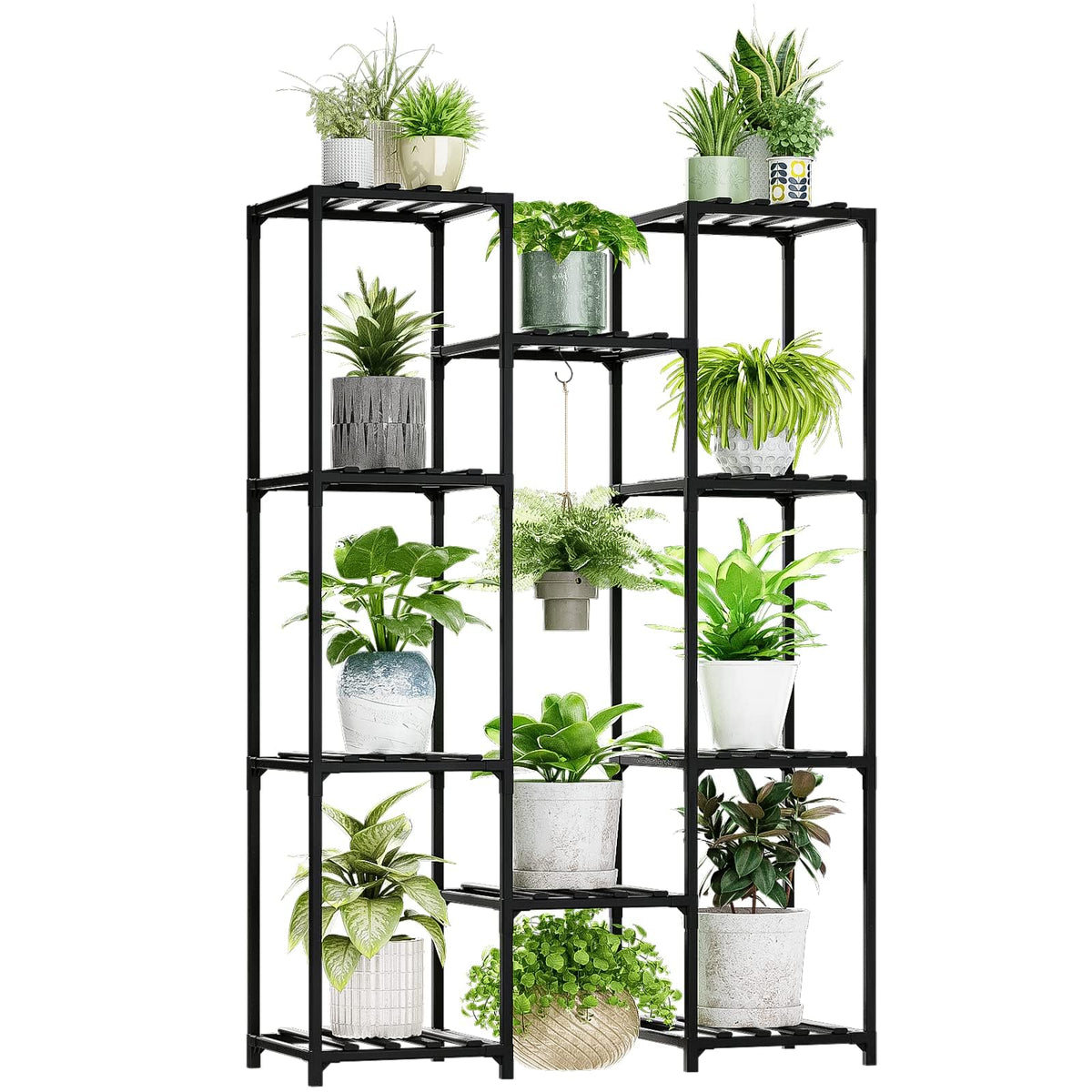 Black metal bamworld plant stand with multiple shelves holding colorful potted plants for indoor and outdoor use