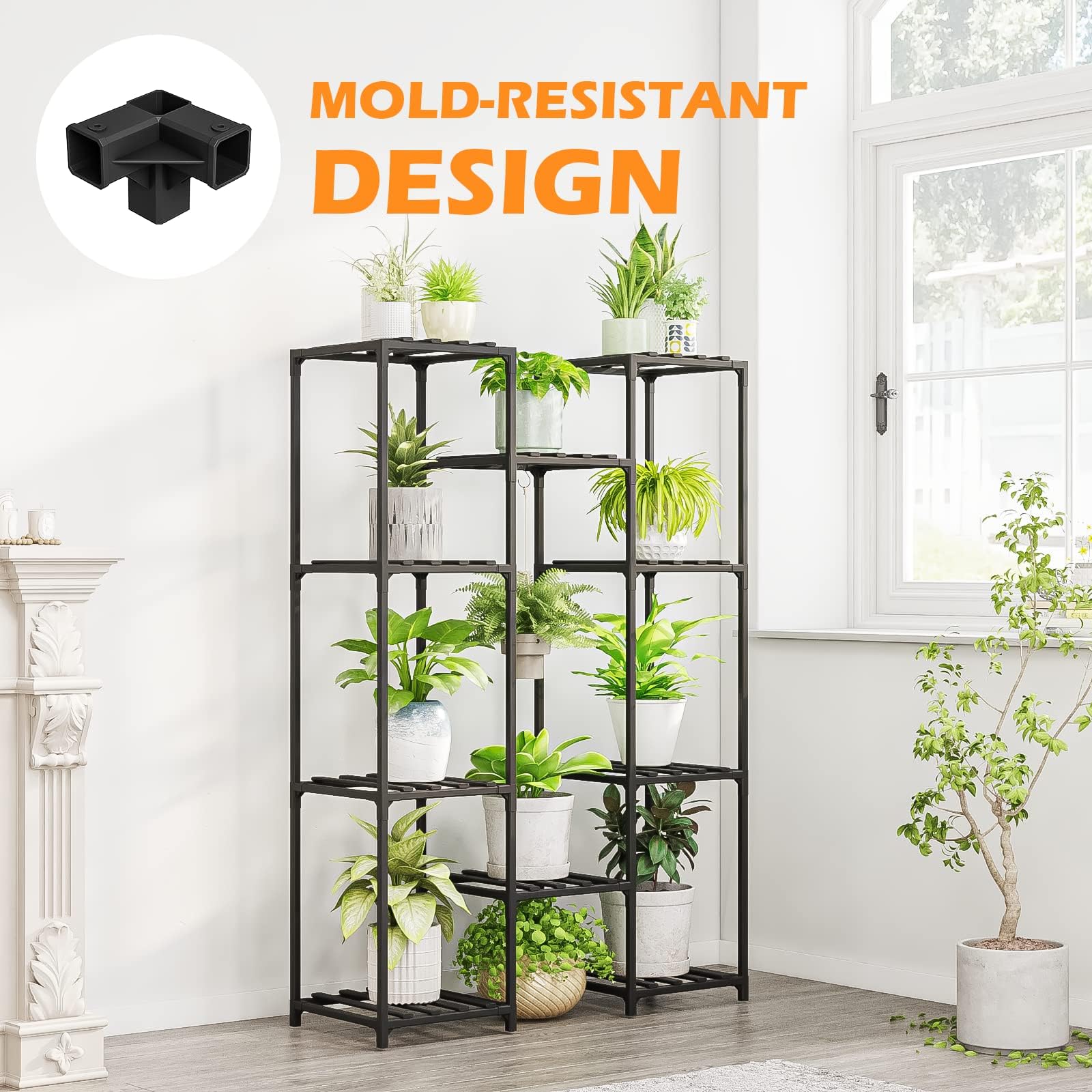 Black metal bamworld plant stand with multiple shelves holding potted green plants for indoor outdoor use