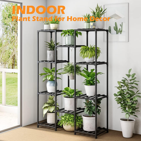 Black metal bamworld plant stand with multiple shelves holding white and gray pots for indoor outdoor use