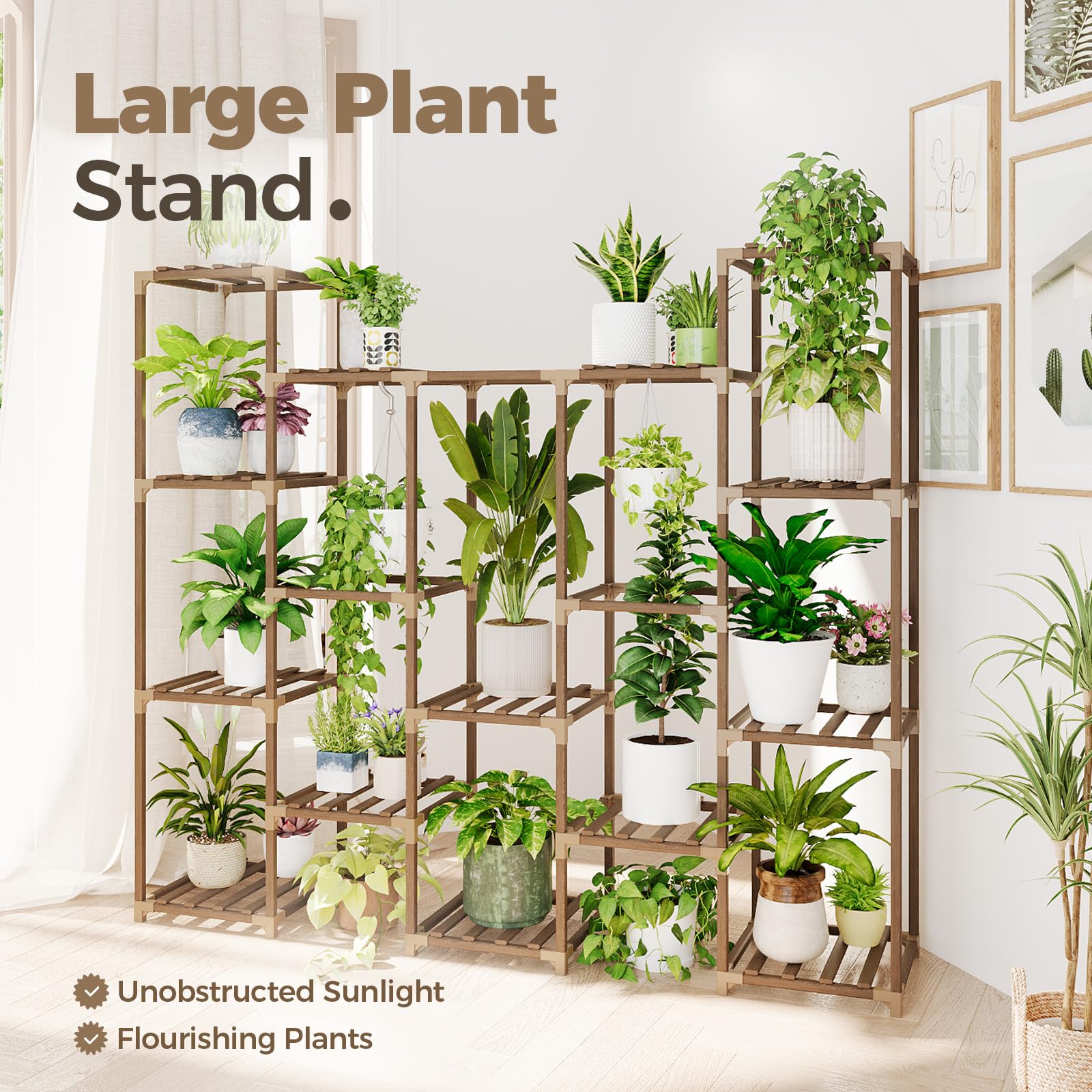 Brown wooden bamworld plant stand with multiple shelves holding potted plants for living room and indoor use