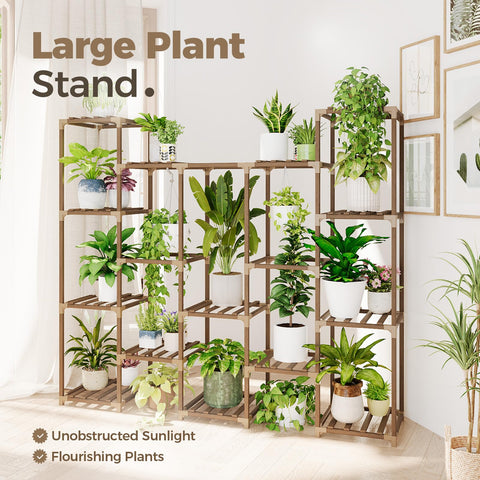 Brown wooden bamworld plant stand with multiple shelves holding potted plants for living room and indoor use