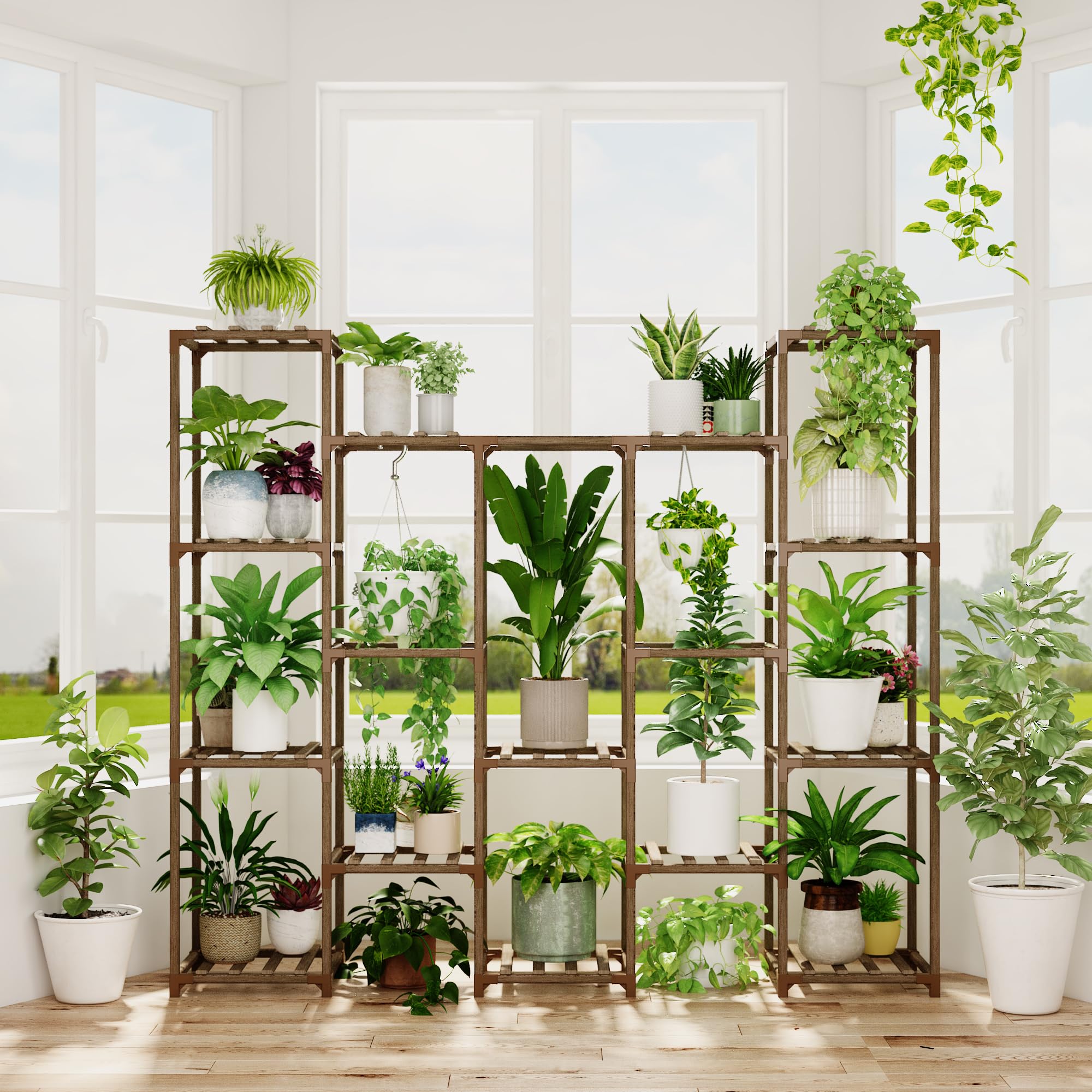 Brown wooden bamworld plant stand with multiple shelves holding white and green pots for living room decor
