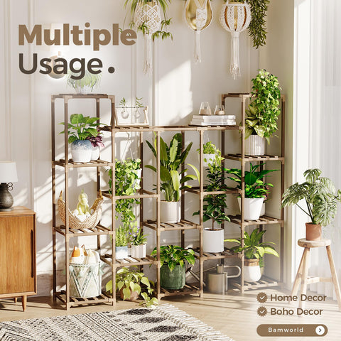 A rustic wooden bamworld plant stand with multiple shelves holding white and green pots perfect for living room decor