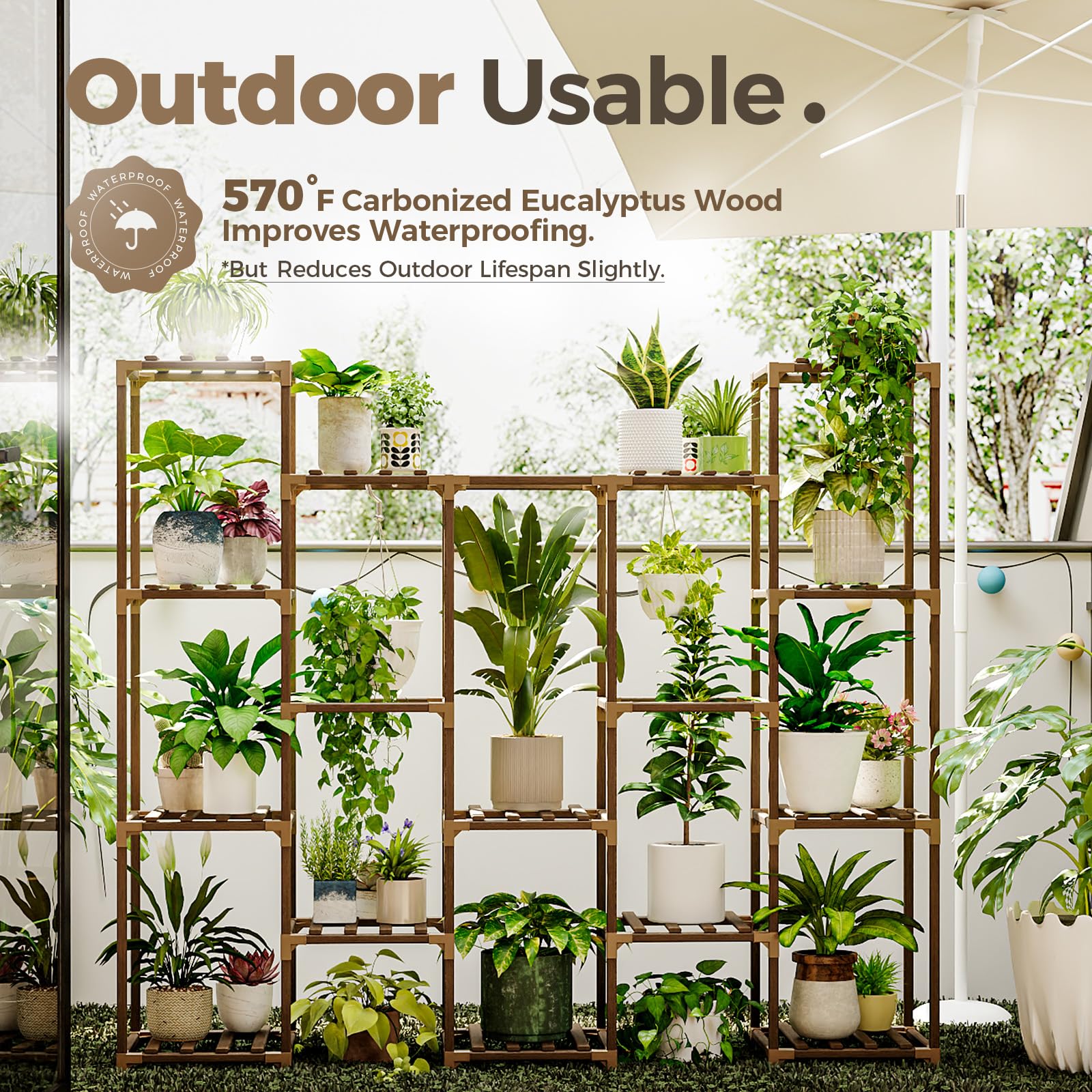 A bamworld plant stand with sturdy rectangular shelves in warm brown carbonized eucalyptus wood for living room use