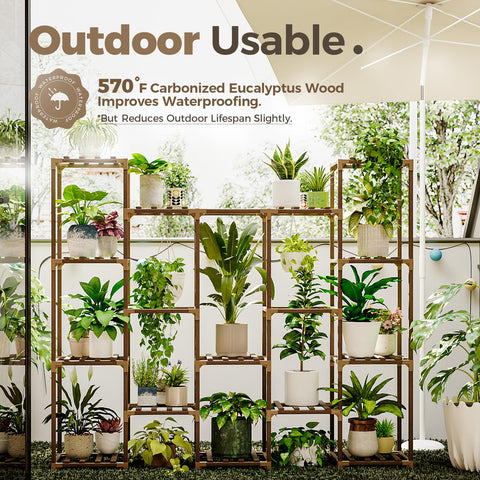 A bamworld plant stand with sturdy rectangular shelves in warm brown carbonized eucalyptus wood for living room use