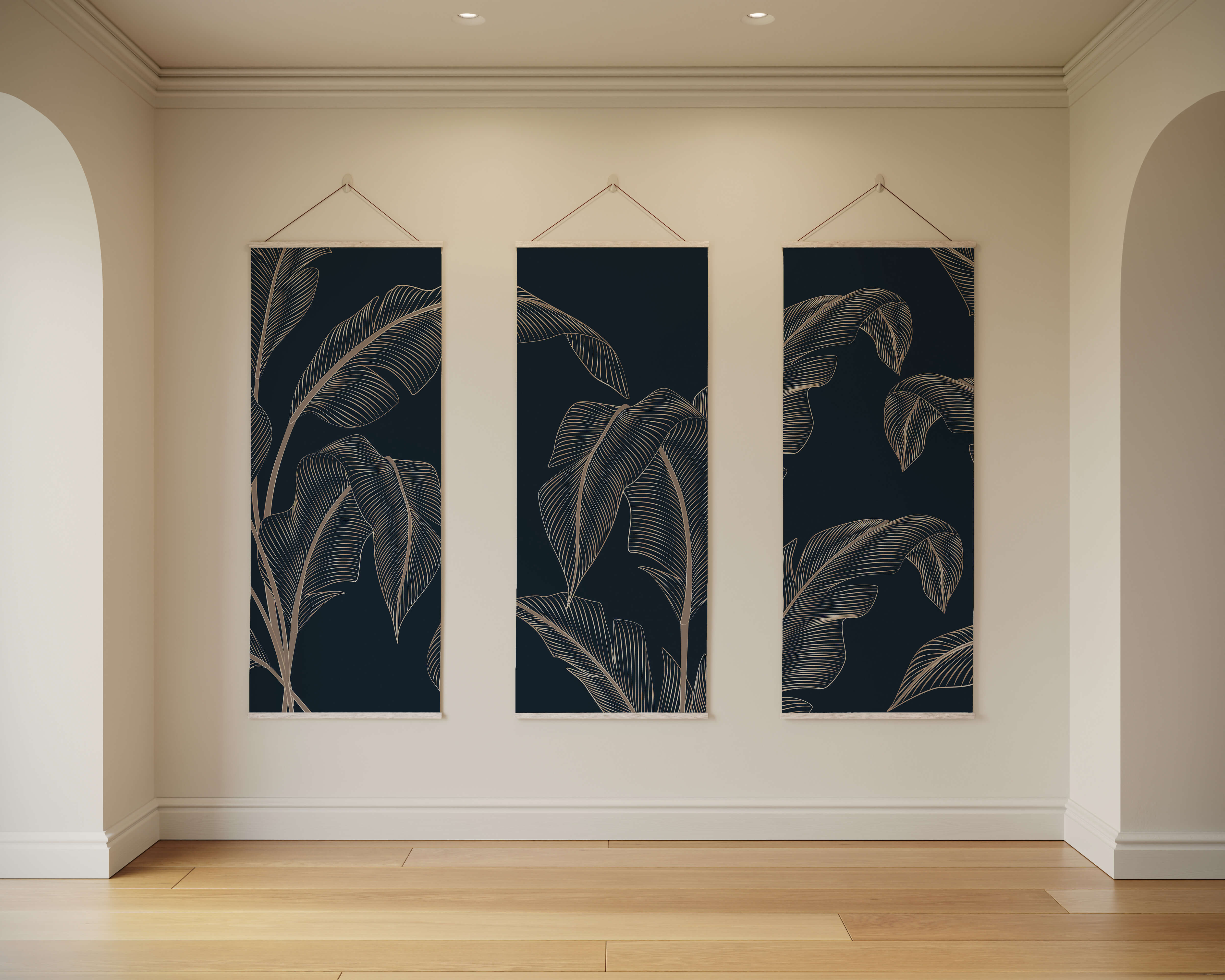 Three-panel dark navy banana leaf tapestry with intricate white line drawings for banana leaf wall decor