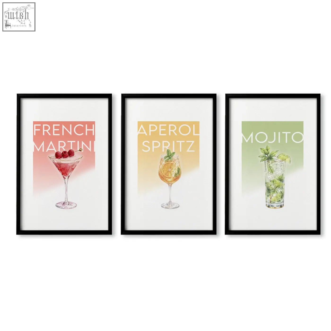 Set of three framed pastel cocktail prints with french martini aperol spritz and mojito for bar wall art decor
