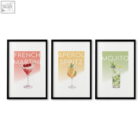 Set of three framed pastel cocktail prints with french martini aperol spritz and mojito for bar wall art decor