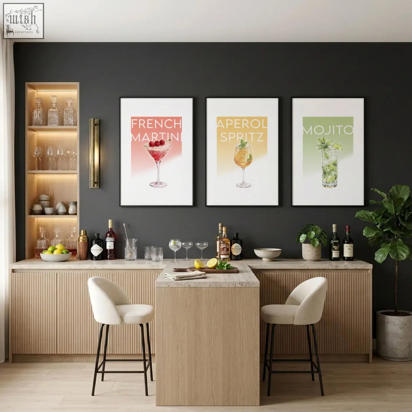 Modern minimalist bar counter with light wood finish and two white stools featuring pastel cocktail bar wall art decor
