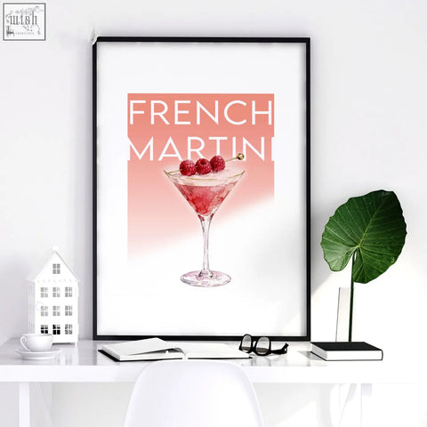 A framed bar wall art decor featuring a pastel watercolor french martini with raspberry garnish for living room