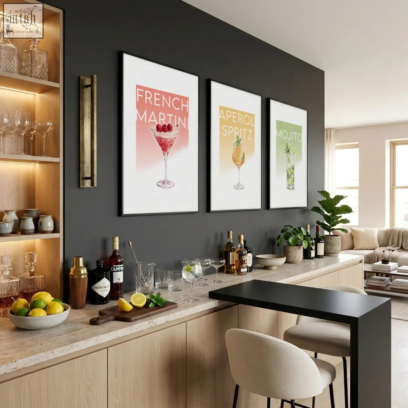 Three framed pastel cocktail prints featuring french martini aperol spritz and mojito add fun bar wall art decor for living room