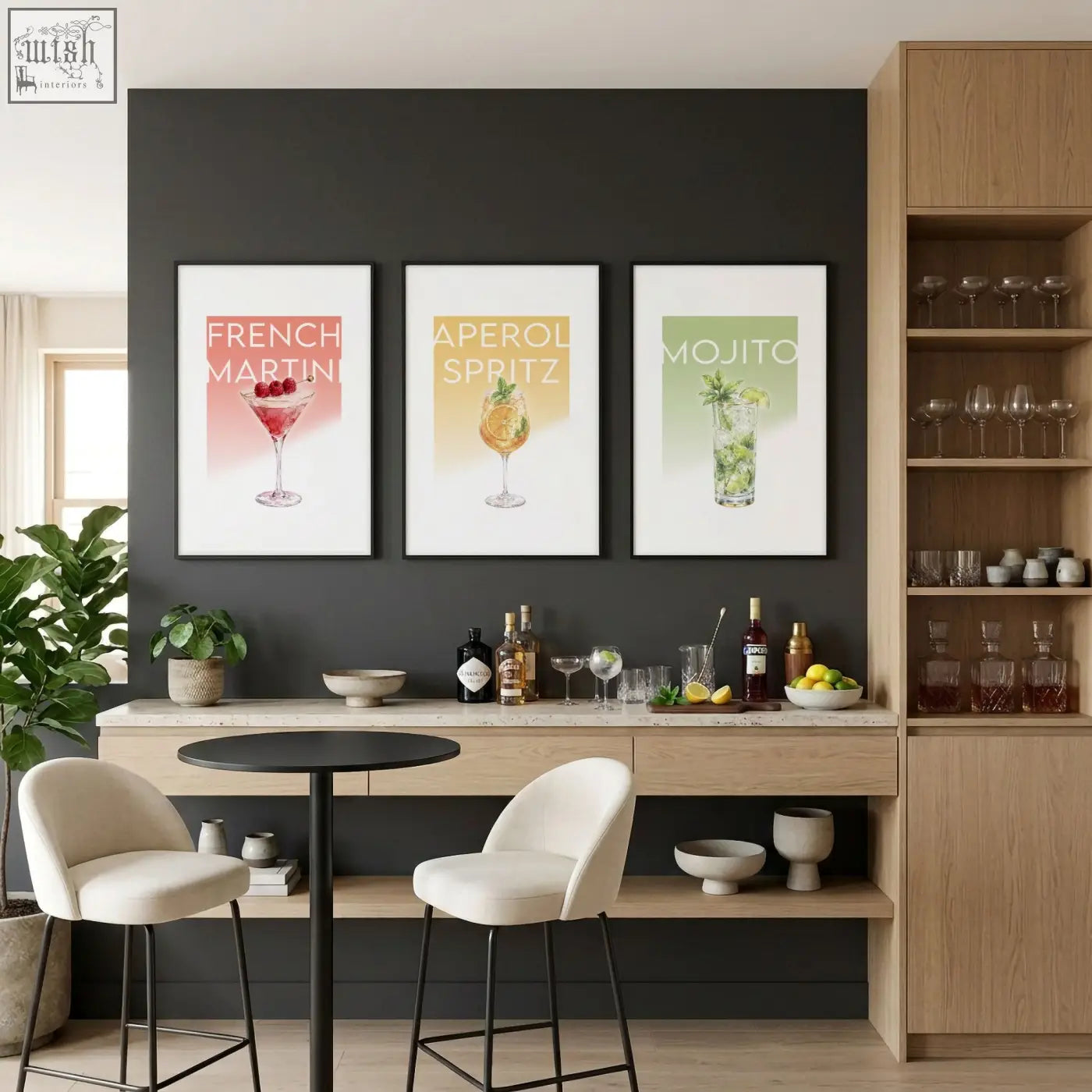 Three framed pastel cocktail prints featuring french martini, aperol spritz, and mojito for living room bar wall art decor