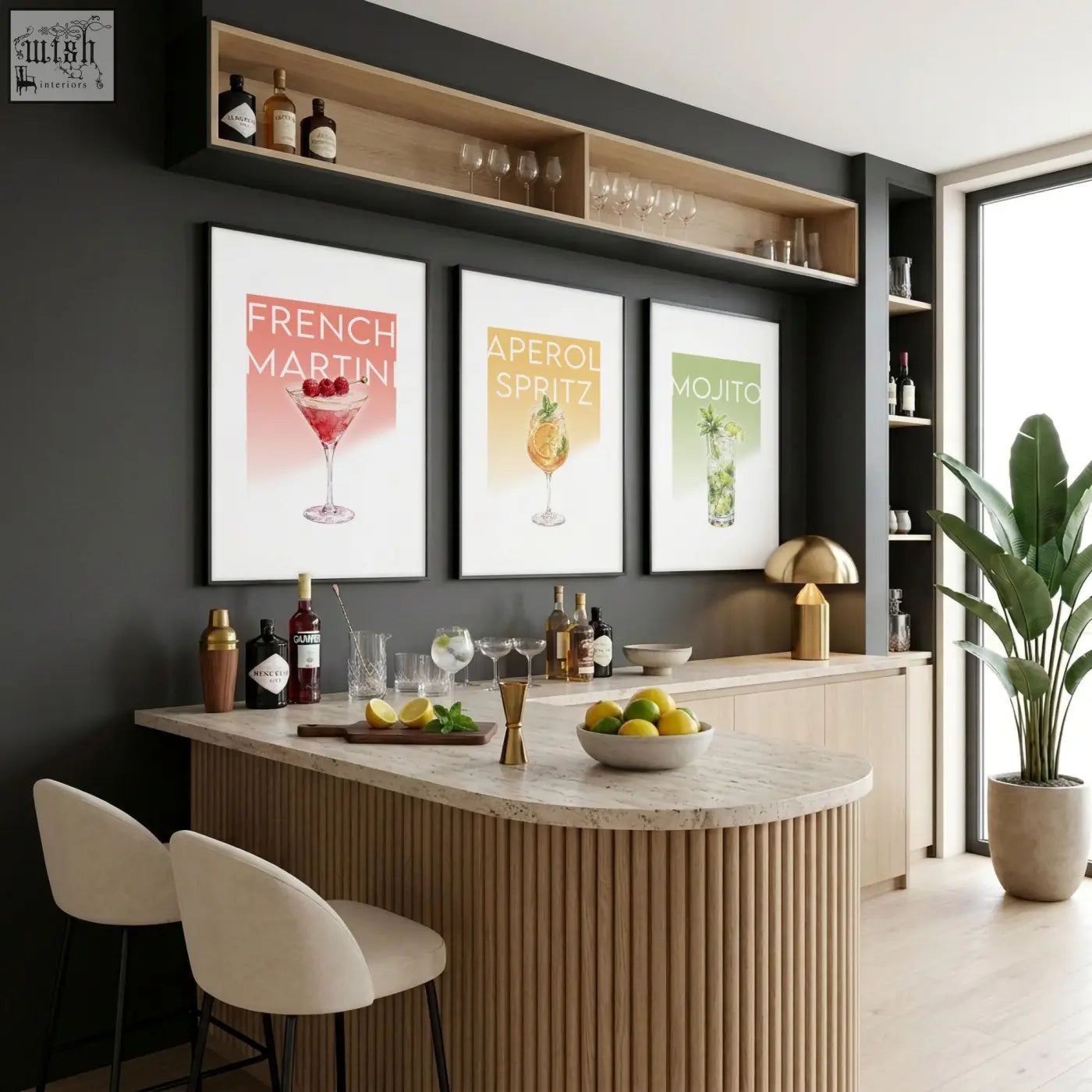 Modern bar counter with light marble top and wood slats paired with pastel cocktail bar wall art decor for living room