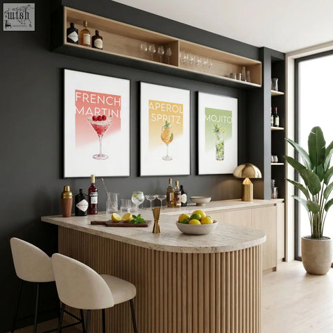 Modern bar counter with light marble top and wood slats paired with pastel cocktail bar wall art decor for living room