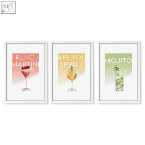 Set of three pastel cocktail prints in white frames perfect as bar wall art decor for living room walls