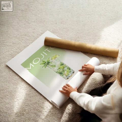 A white-framed mojito pastel cocktail print on high-quality paper perfect for living room bar wall art decor