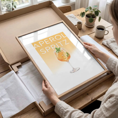 Pastel aperol spritz cocktail illustration in light wood frame perfect for living room bar wall art decor set of 3