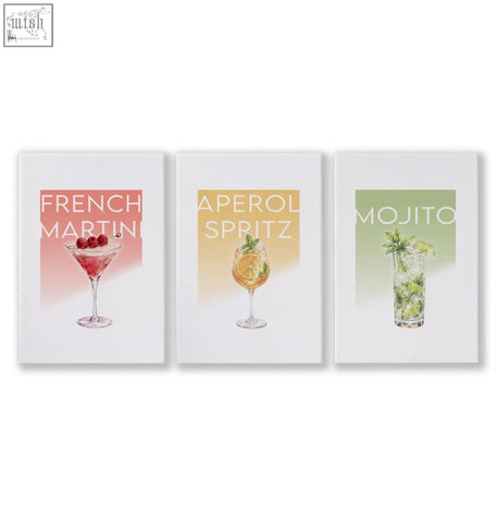 Set of three pastel cocktail prints featuring french martini aperol spritz and mojito ideal for living room bar wall art decor