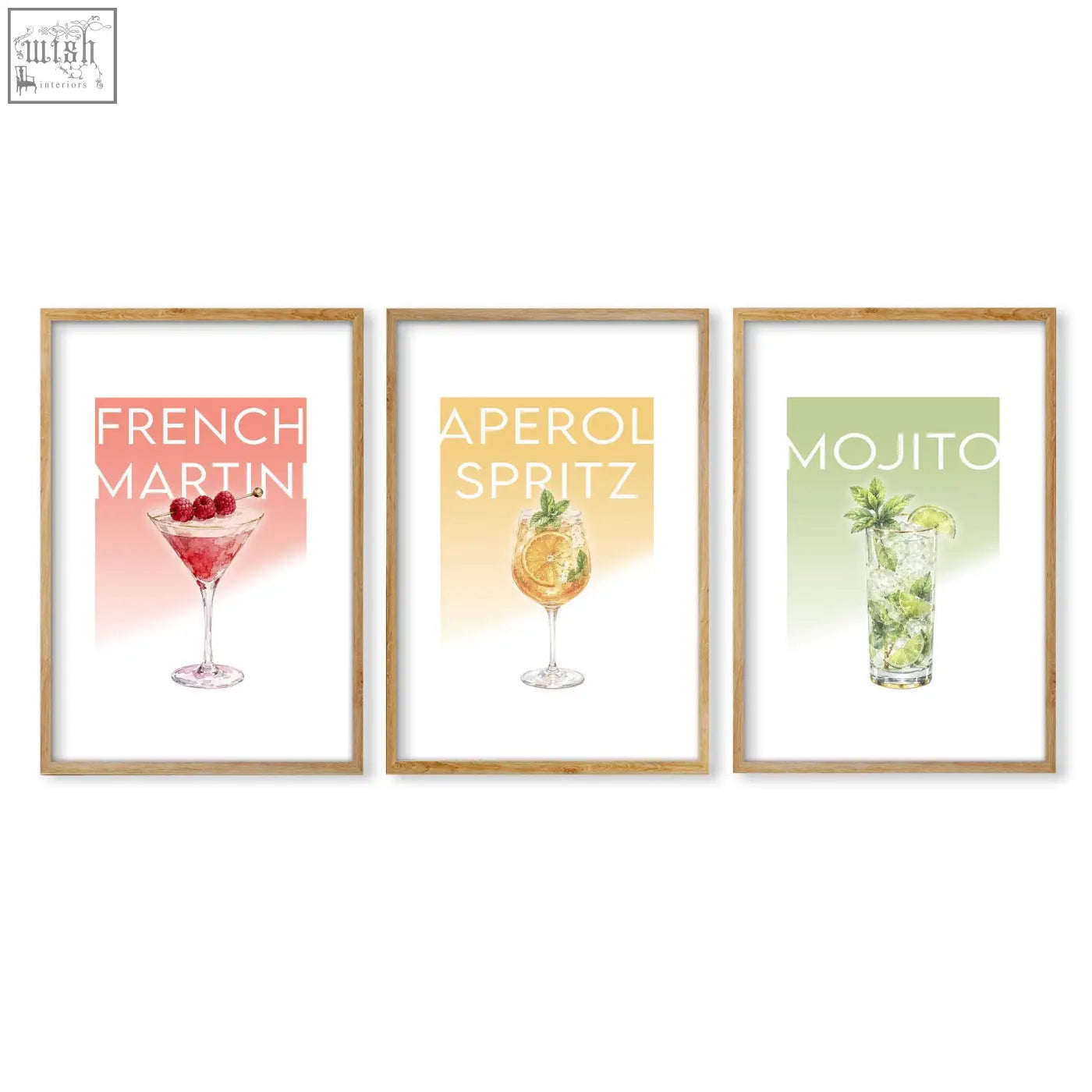 Set of three pastel cocktail prints featuring french martini aperol spritz and mojito perfect as bar wall art decor