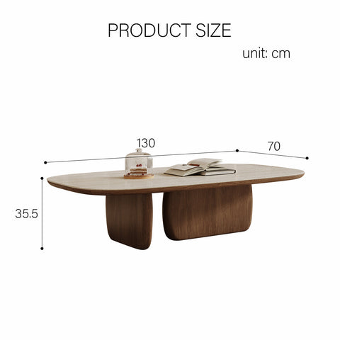 Modern oval barakat travertine coffee table set with light wood top and dark brown sculpted walnut base