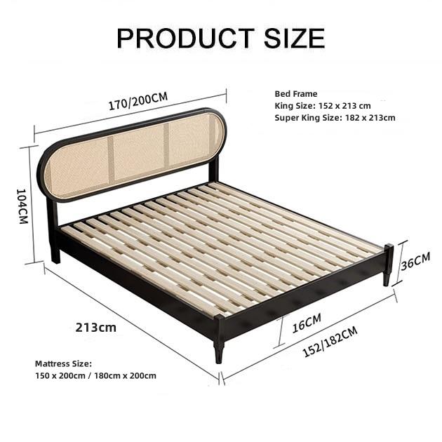 Black-framed barbara queen size bed with curved rattan headboard and slatted wooden base king size option available