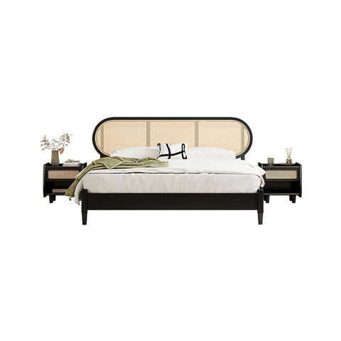 Black-framed barbara queen size bed with woven cane rattan headboard and matching nightstands king size option