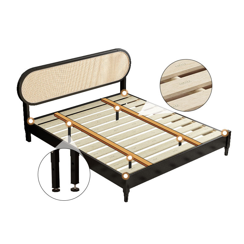 Black metal barbara queen size bed frame with woven beige rattan headboard and light wood slats king size super king size