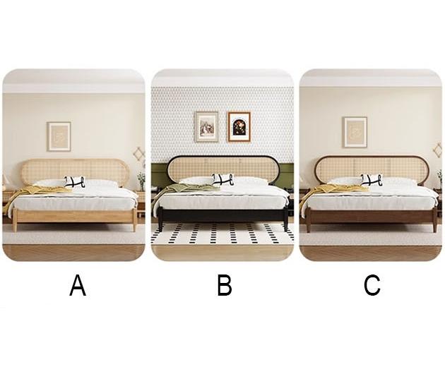 Minimalist wooden barbara queen size bed with woven rattan headboard and footboard in natural tones king size option