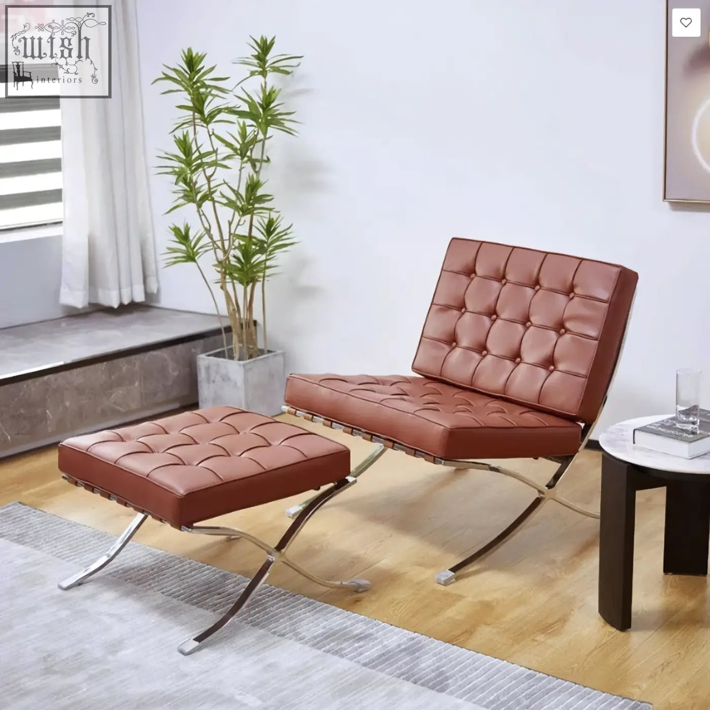 Brown real leather barcelona chair with tufted seat and painted steel chrome x-frame legs for stylish lounging