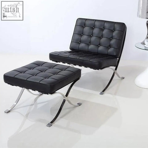 Black leather barcelona chair with tufted real leather cushions and painted steel x-frame legs for stylish seating