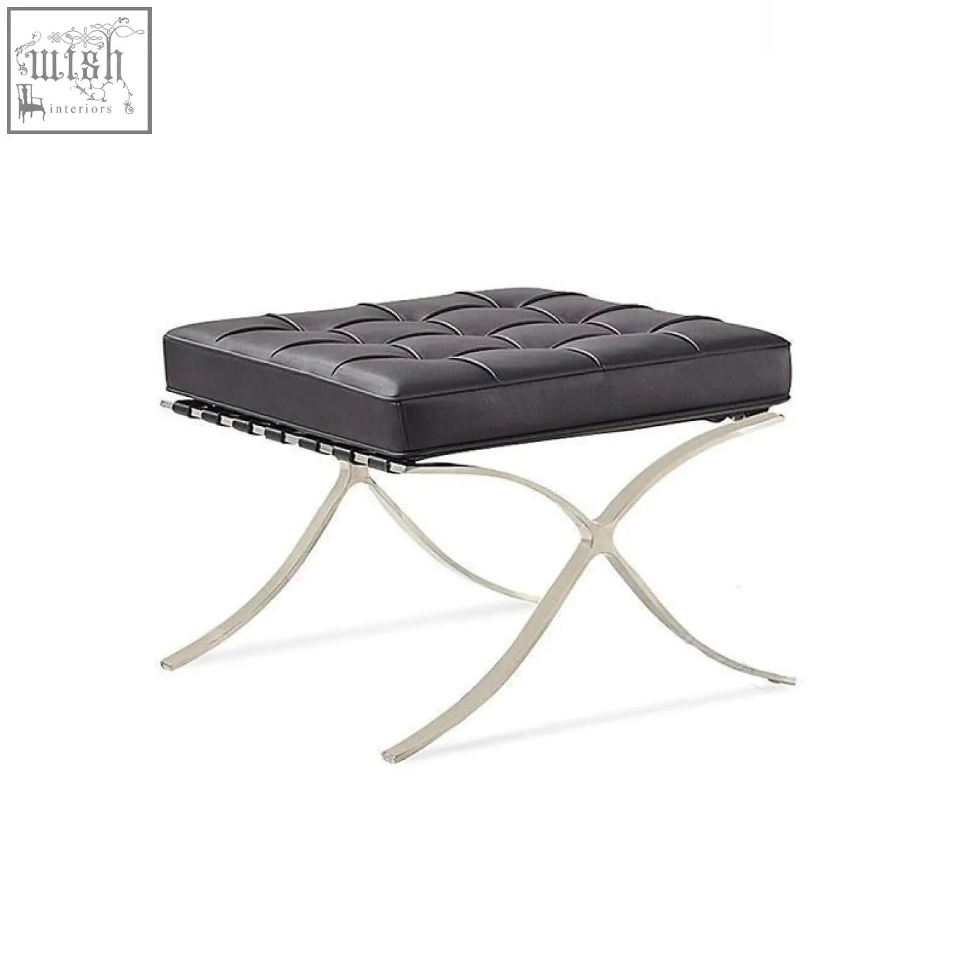 Black leather tufted ottoman with a sleek chrome x-shaped base in real leather for barcelona chair and stool set