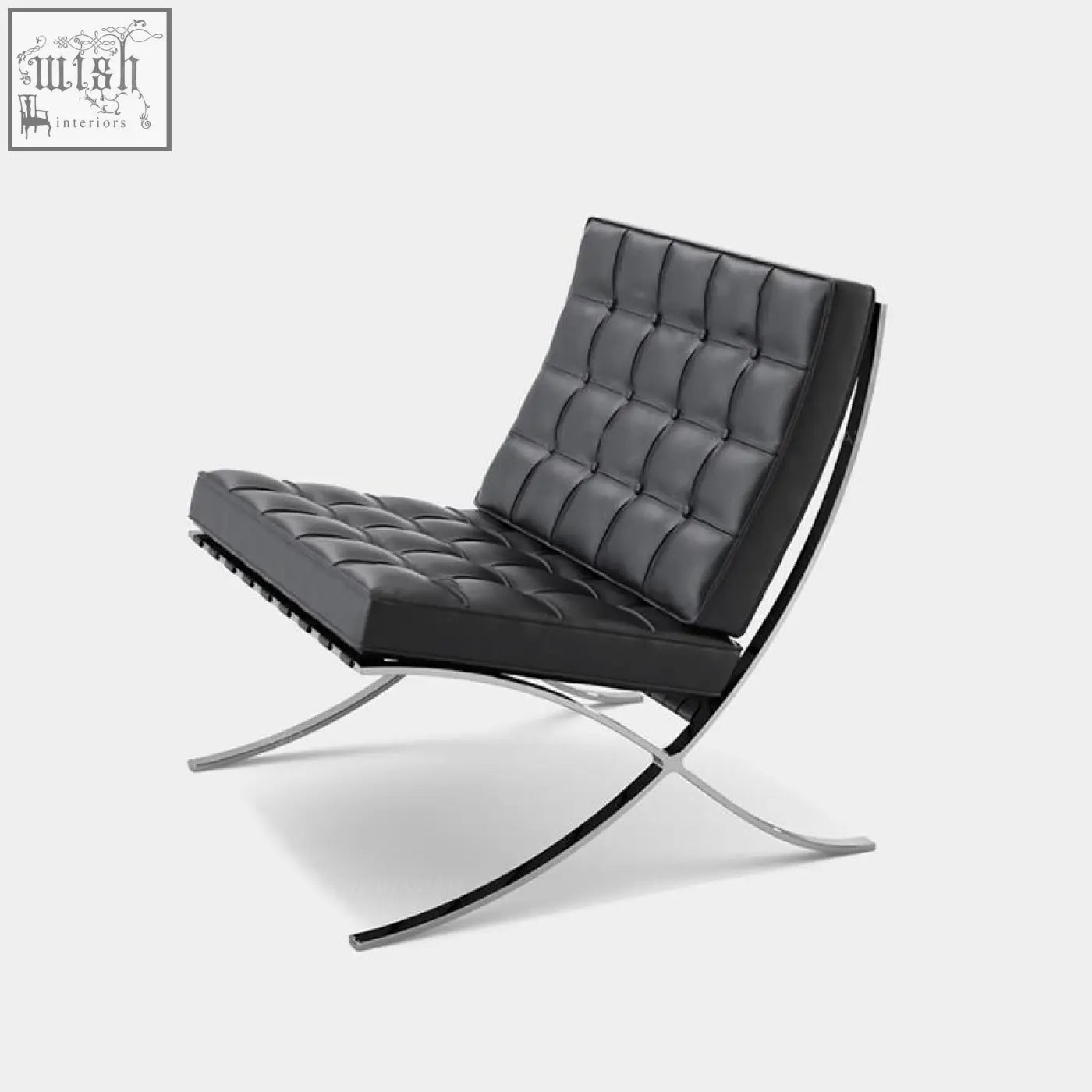 Black leather barcelona chair with real leather upholstery and sleek chrome x-shaped base for modern seating