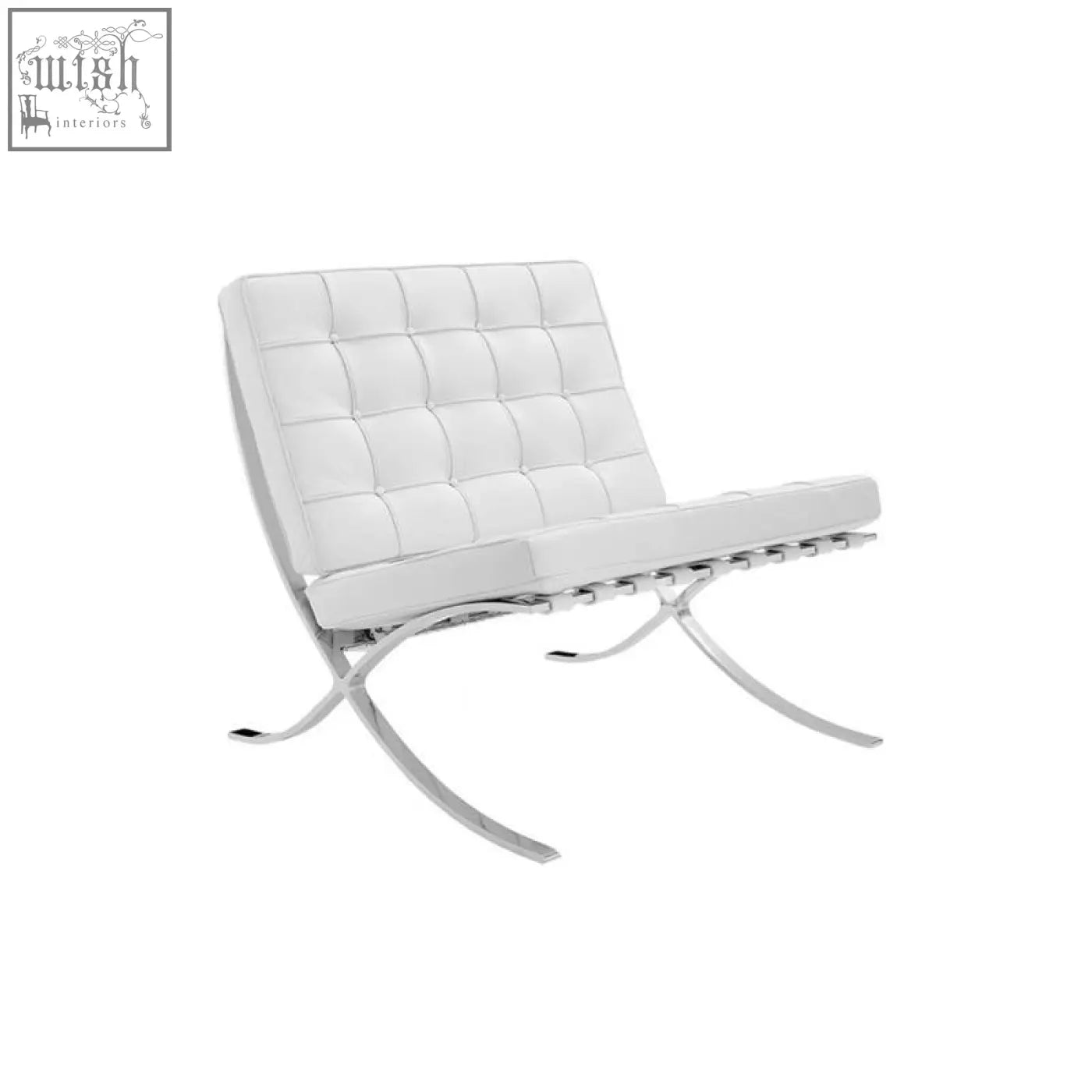 White tufted real leather barcelona chair with chrome x shaped legs next to matching stool in modern style