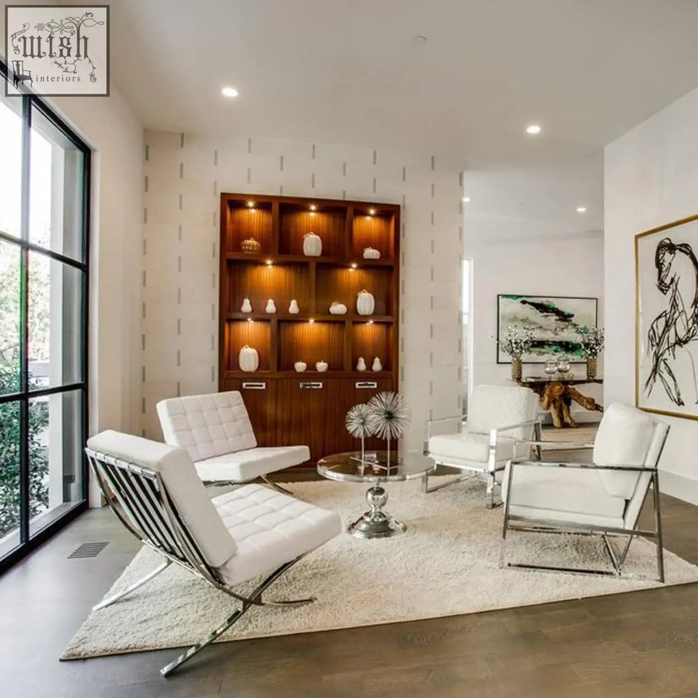 White tufted real leather barcelona chair and stool with chrome metal frames for stylish lounge seating