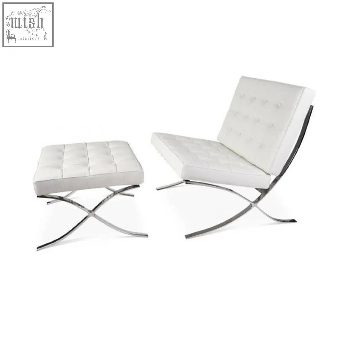 White leather barcelona chair with chrome x-shaped base made of real leather for stylish seating