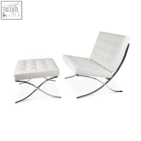 White leather barcelona chair with chrome x-shaped base made of real leather for stylish seating