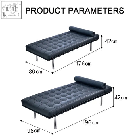 Black leather tufted barcelona daybed with chrome painted steel legs made from real leather
