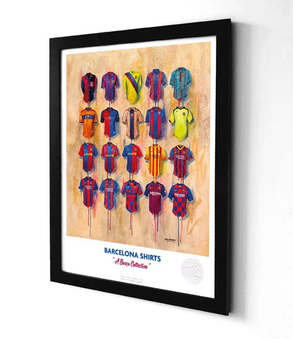 Framed print of barcelona football club jerseys in various colors and designs by terry kneeshaw in a black frame