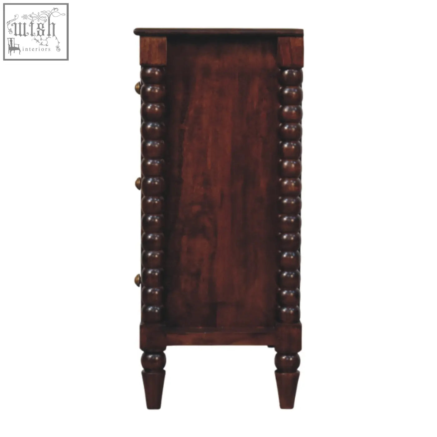 Dark brown oak linen nightstand with vertical bead detailing and antique brass knobs in winewood oak tone solid mango wood