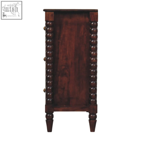 Dark brown oak linen nightstand with vertical bead detailing and antique brass knobs in winewood oak tone solid mango wood