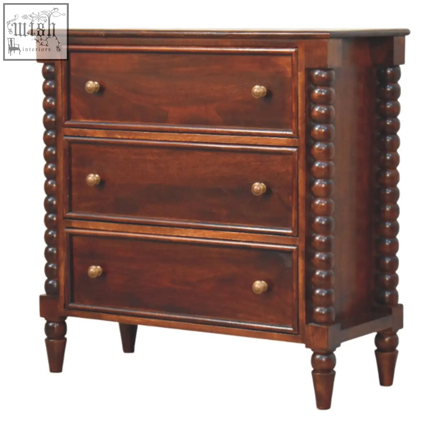 Dark wood barclay 3-drawer chest of drawers in winewood oak tone with solid mango wood and antique brass knobs