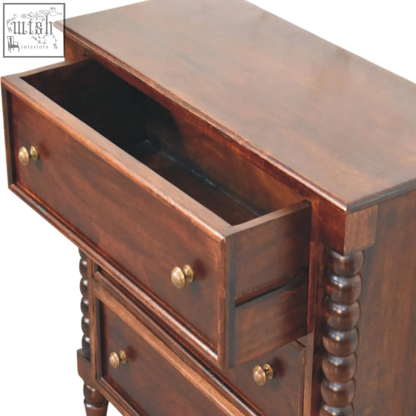 Dark brown barclay 3-drawer chest of drawers with solid mango wood, winewood oak tone, and antique brass knobs