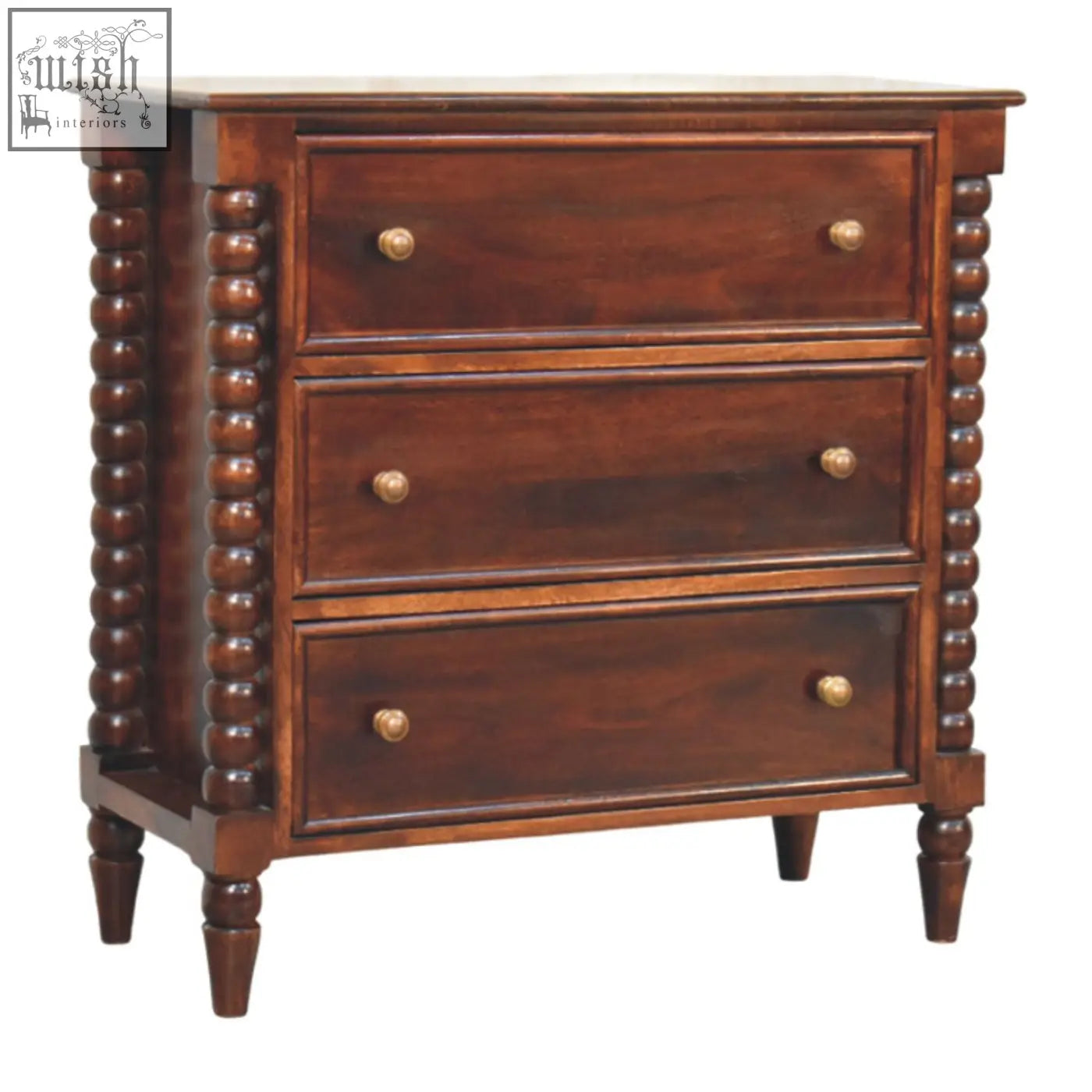 Barclay 3-drawer chest of drawers in solid mango wood with winewood oak tone and antique brass knobs on beaded legs