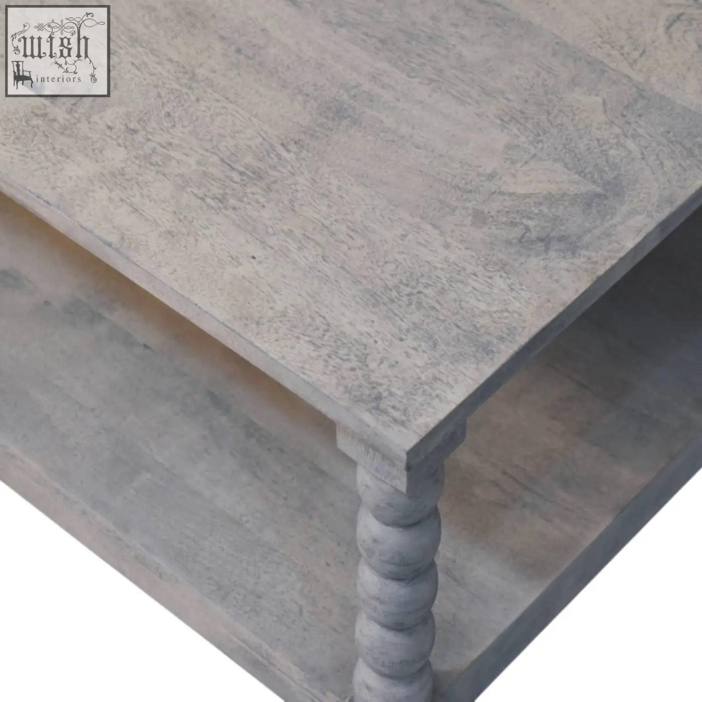 Gray distressed wood barclay acid wash coffee table with turned bead legs and a lower shelf for extra storage